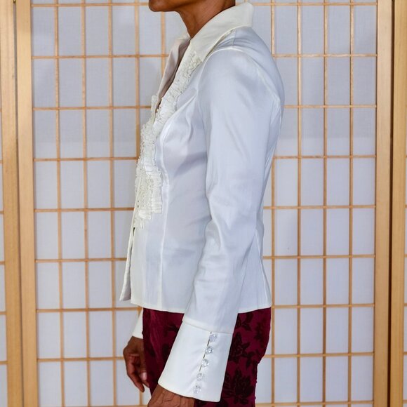 Cache Cream Ruffle Front Blouse with Cuffs and Rhinestone Buttons - Size 6 - Picture 2 of 7